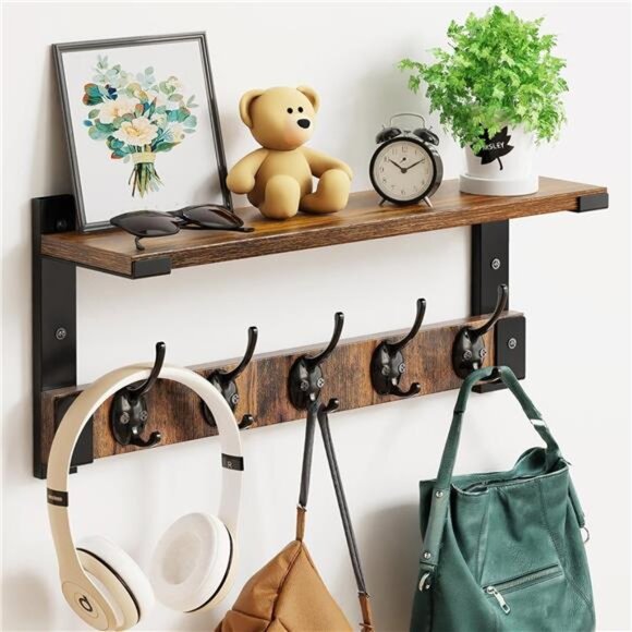Wall Hooks with Shelf, Coat Rack Wall Mount for Coat Backpack Key Clothes - Picture 1 of 7